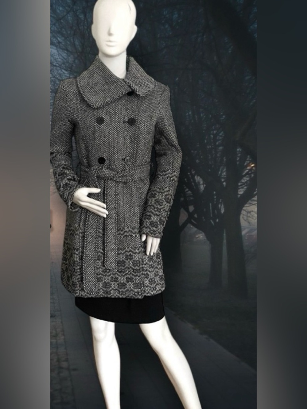 Guess LA VTG Black/White Lined Tweed Belted Winter Trench Coat Size Small